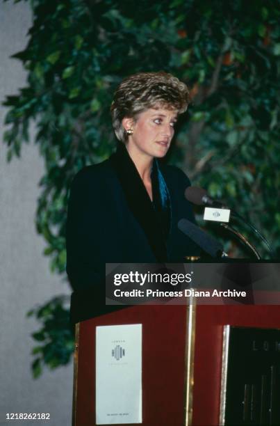 Diana, Princess of Wales gives a speech at the Hilton Hotel in London, during the Headway Charity Lunch, in which she resigns from her public duties...