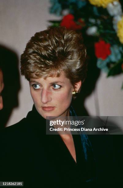 Diana, Princess of Wales gives a speech at the Hilton Hotel in London, during the Headway Charity Lunch, in which she resigns from her public duties...