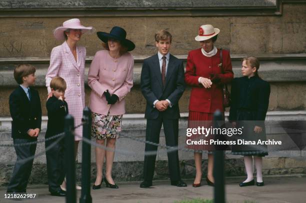 From left to right, Prince William, Prince Harry, Diana, Princess of Wales , the Duchess of York, Peter Phillips, Princess Anne and Zara Phillips at...