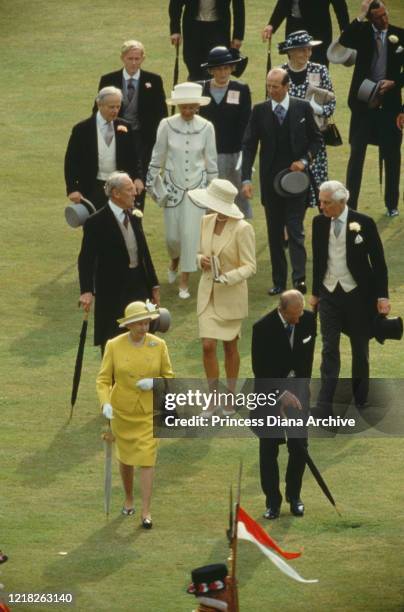 Diana, Princess of Wales , Queen Elizabeth II, Prince Philip, and the Duke and Duchess of Kent at the Buckingham Palace Garden Party, London, 15th...