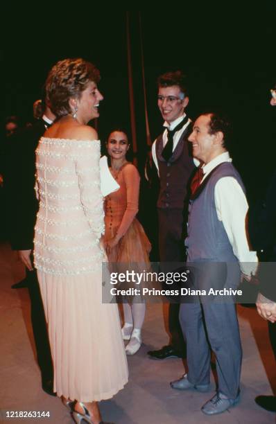Diana, Princess of Wales with dancer Wayne Sleep during the Savoy Theatre Gala, London, 19th July 1993. She is wearing a pale pink gown encrusted...