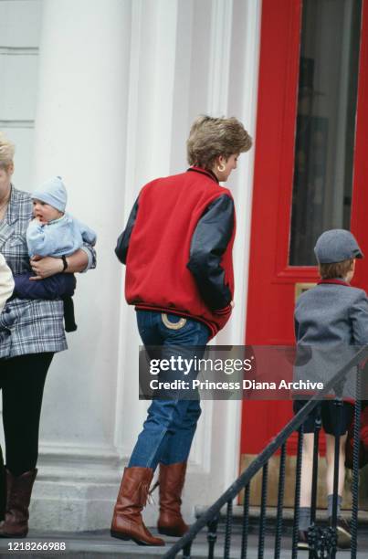 Diana, Princess of Wales takes her son Prince Harry to Wetherby School in London, April 1992.