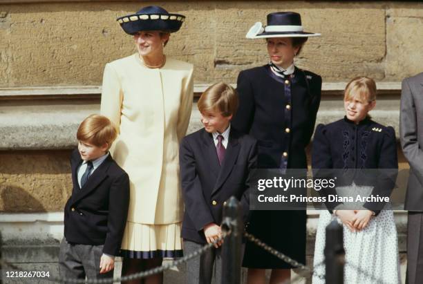 Diana, Princess of Wales with her sons Prince Harry and Prince William, and Princess Anne and Zara Phillips outside St George's Chapel, Windsor, at...