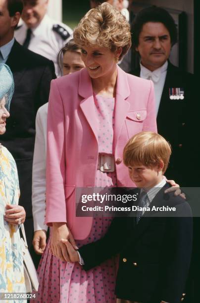 Diana, Princess of Wales with her son Prince Harry at Clarence House in London on the Queen Mother's 92nd birthday, 4th August 1992. Queen Elizabeth...