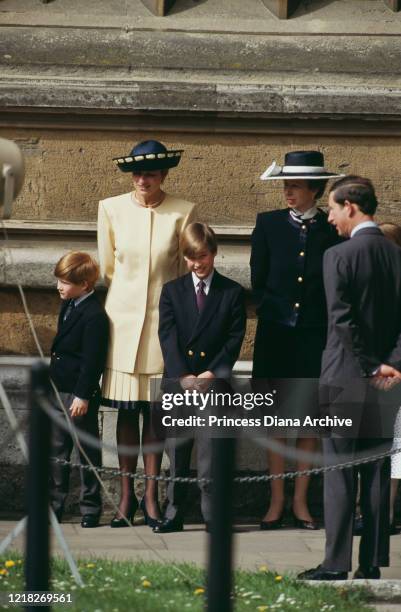 Prince Charles and Diana, Princess of Wales with their sons Prince Harry and Prince William, and Princess Anne outside St George's Chapel, Windsor,...