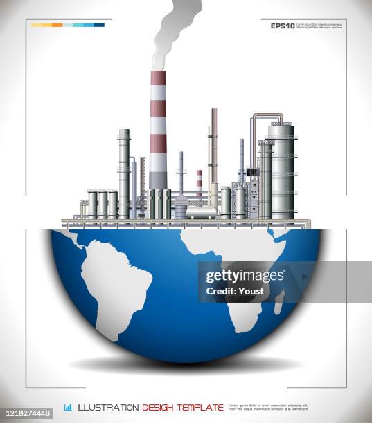 world globe factory - petrochemical plant stock illustrations