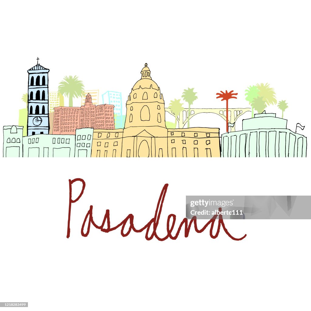 Pasadena California Hand Drawn Cityscape