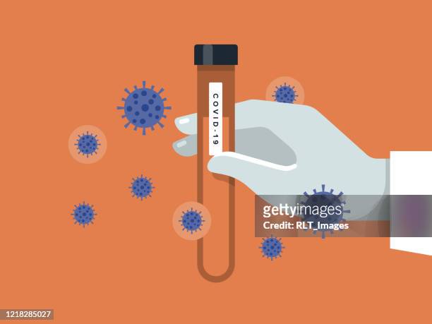 illustration of a gloved hand holding a test tube of covid-19 - rubber gloves stock illustrations