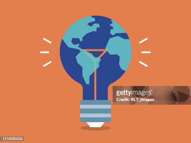 illustration of planet earth as a lightbulb—ecology, innovation, clean energy - energy efficient lightbulb stock illustrations