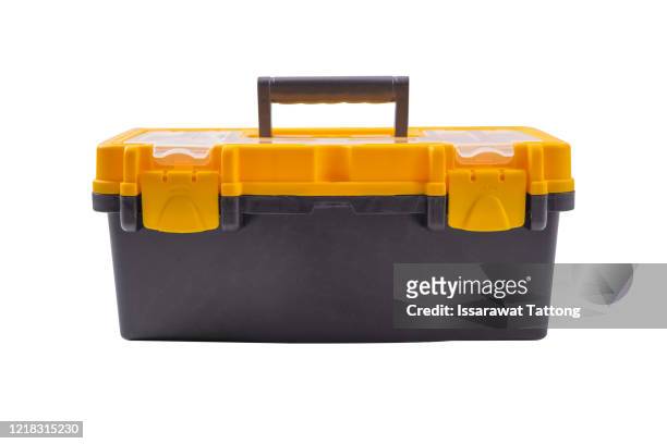 yellow tool box, plastic tool box on white background. - verktygslåda bildbanksfoton och bilder