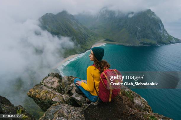 de zitting van de vrouw op rots en het bekijken van strand op eiland lofoten - senja stockfoto's en -beelden