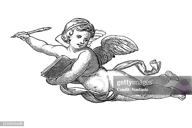 ilustrações, clipart, desenhos animados e ícones de anjo segurando livro e caneta voando - fantasia de anjo