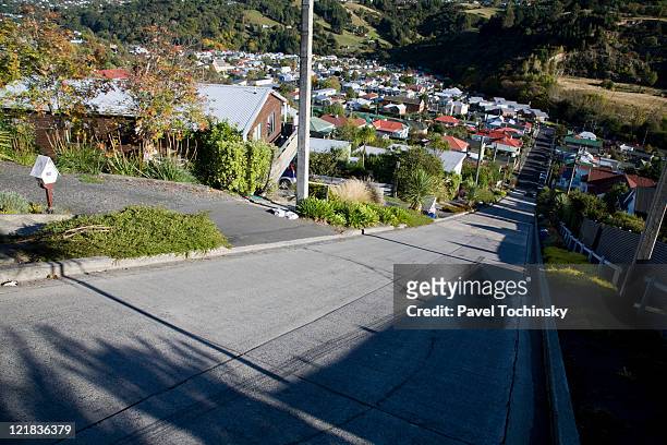baldwin street, the steepest street in the world, dunedin, new zealand. - dunedin new zealand foto e immagini stock