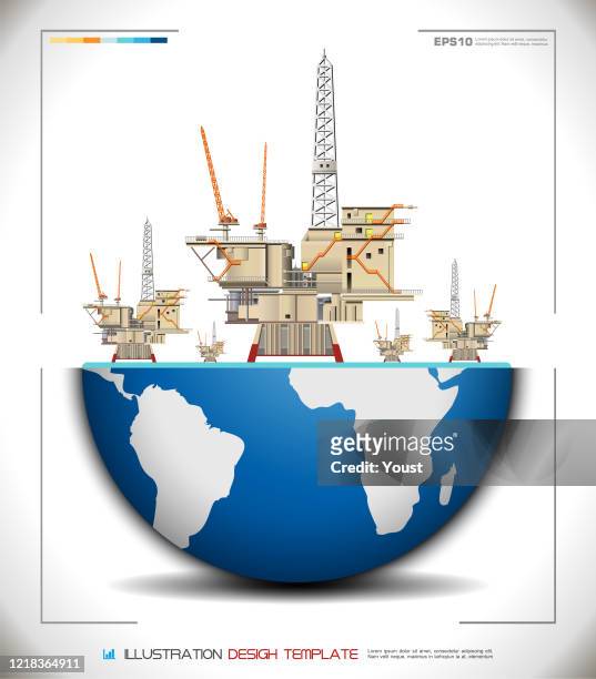 world globe oil platforms - undersea mines stock illustrations