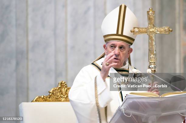 Pope Francis leads the solemn Easter Mass behind closed doors at St. Peter’s Basilica, on April 12, 2020 in Vatican City, Vatican. Following the...