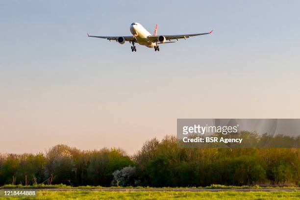 Cargo plane is seen arriving at Maastricht Aachen Airport amid the coronavirus outbreak on April 10, 2020 in Maastricht, Netherlands. Due to the...