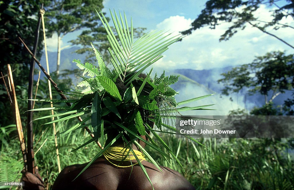 Hagerhai hunter with camouflage head decoration, shraeder mountains, papua new guinea