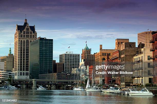 downtown milwaukee and milwaukee river, wisconsin - wisconsin stock pictures, royalty-free photos & images