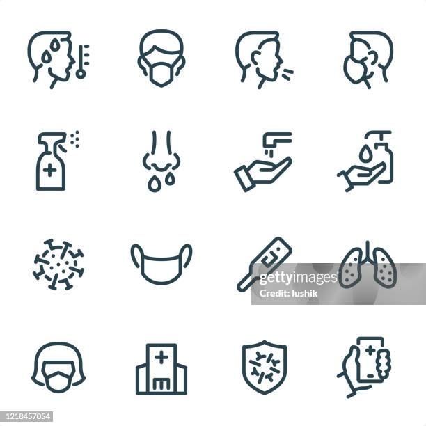 stockillustraties, clipart, cartoons en iconen met viruspreventie - pixel perfect unicolor lijnpictogrammen - mondmasker