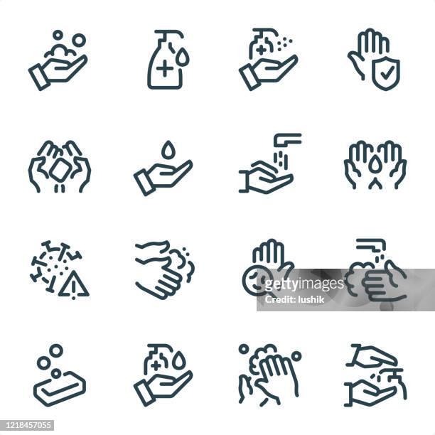 illustrazioni stock, clip art, cartoni animati e icone di tendenza di lavarsi le mani e l'igiene - icone della linea pixel perfect unicolor - mano