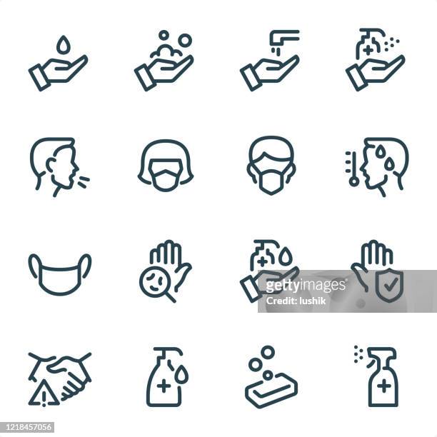 pandemic prevention - pixel perfect unicolor line icons - fever stock illustrations