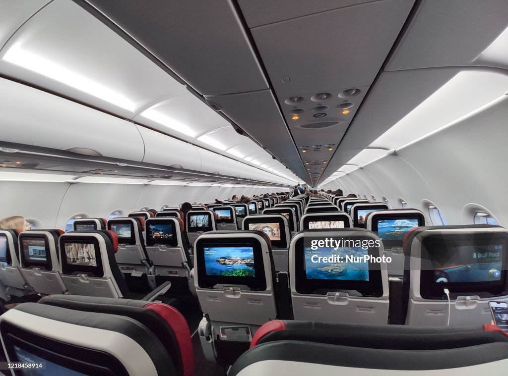 Interior of a cabin in Economy Class of an Airbus A321 NEO during