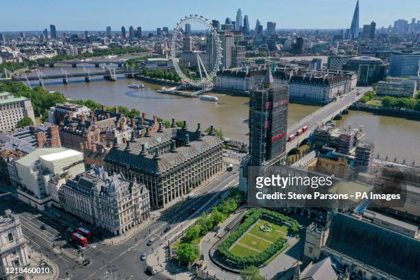 An aerial view of London showing the London Eye County Hall, Westminster Bridge leading to the Park Plaza Westminster Bridge hotel, Hungerford Bridge...