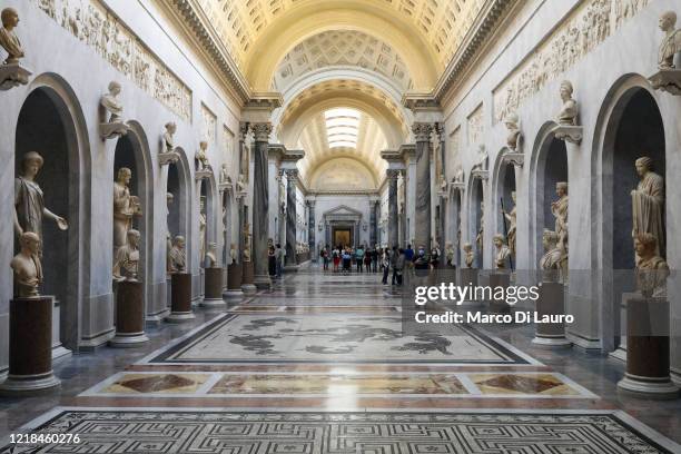 The sculptures of the Braccio Nuovo of the Chiaramonte Gallery are seen in the Vatican Museums on June 8, 2020 in Vatican City, Vatican. Before the...