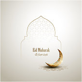 islamic greeting eid mubarak card design background with golden crescent moon