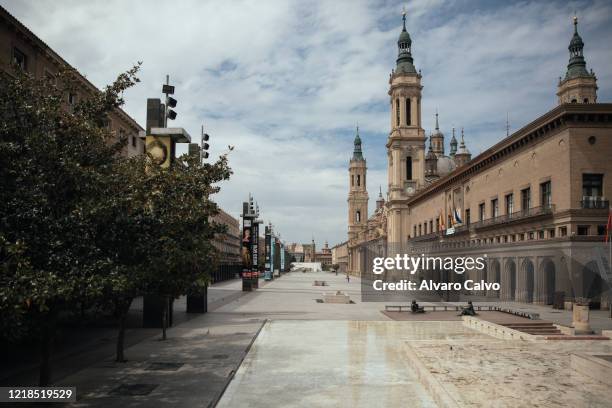 The Plaza del Pilar in Zaragoza, one of the busiest places in the city, remains empty due to the Covid-19 crisis on April 12, 2020 in Zaragoza,...
