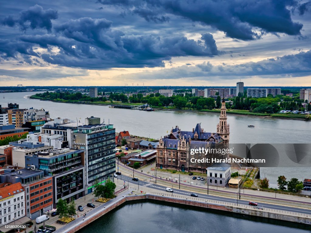 Aerial view along Scheldt river, Antwerp, Flemish Region, Belgium