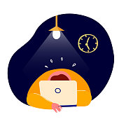 Tired Exhausted Man Put Head on Laptop.Overwhelmed Weary Workaholic Freelancer.No energy.Frustrated,Terrible Fatigue,Weakness.Working Online.Student,Telework.Internet,Computer.Flat Vector Illustration