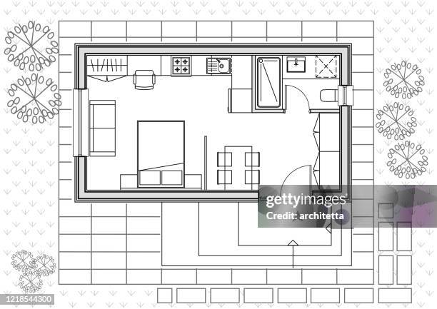 stockillustraties, clipart, cartoons en iconen met tiny house architectural plan tekening - badkamer huis