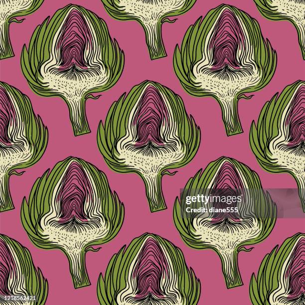 hand drawn artichoke seamless pattern - artichoke pattern stock illustrations