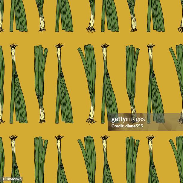 hand drawn scallions seamless pattern - spring onion stock illustrations