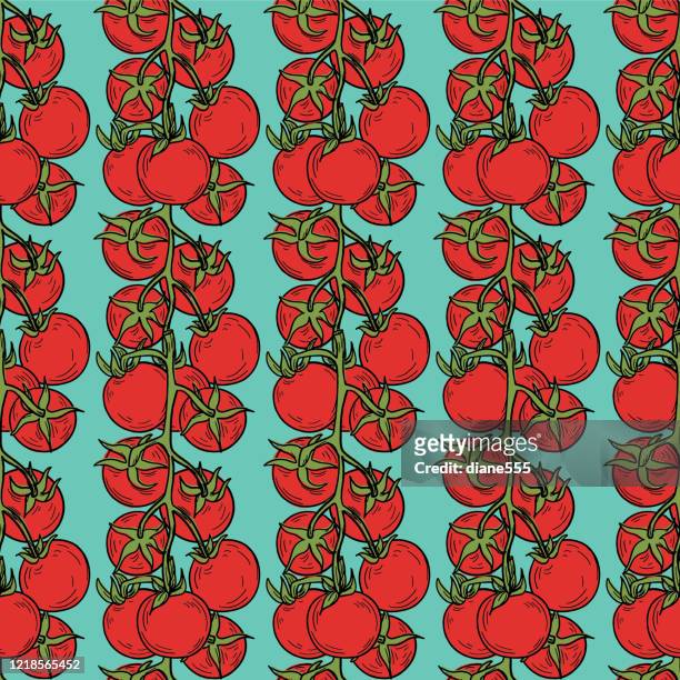 stockillustraties, clipart, cartoons en iconen met met de hand getrokken tomaten naadloos patroon - tomato stock illustrations