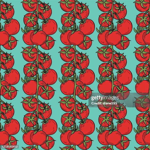 hand drawn tomatoes seamless pattern - raw material stock illustrations