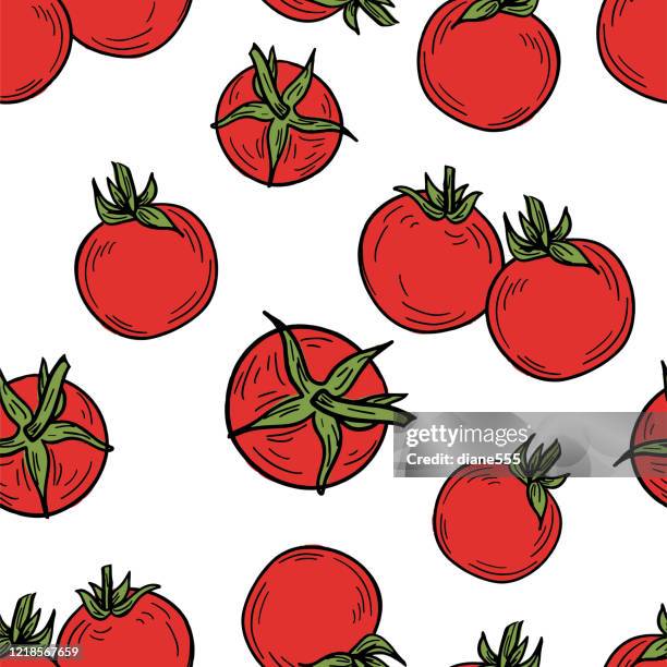 stockillustraties, clipart, cartoons en iconen met met de hand getrokken tomaten naadloos patroon - tomato stock illustrations