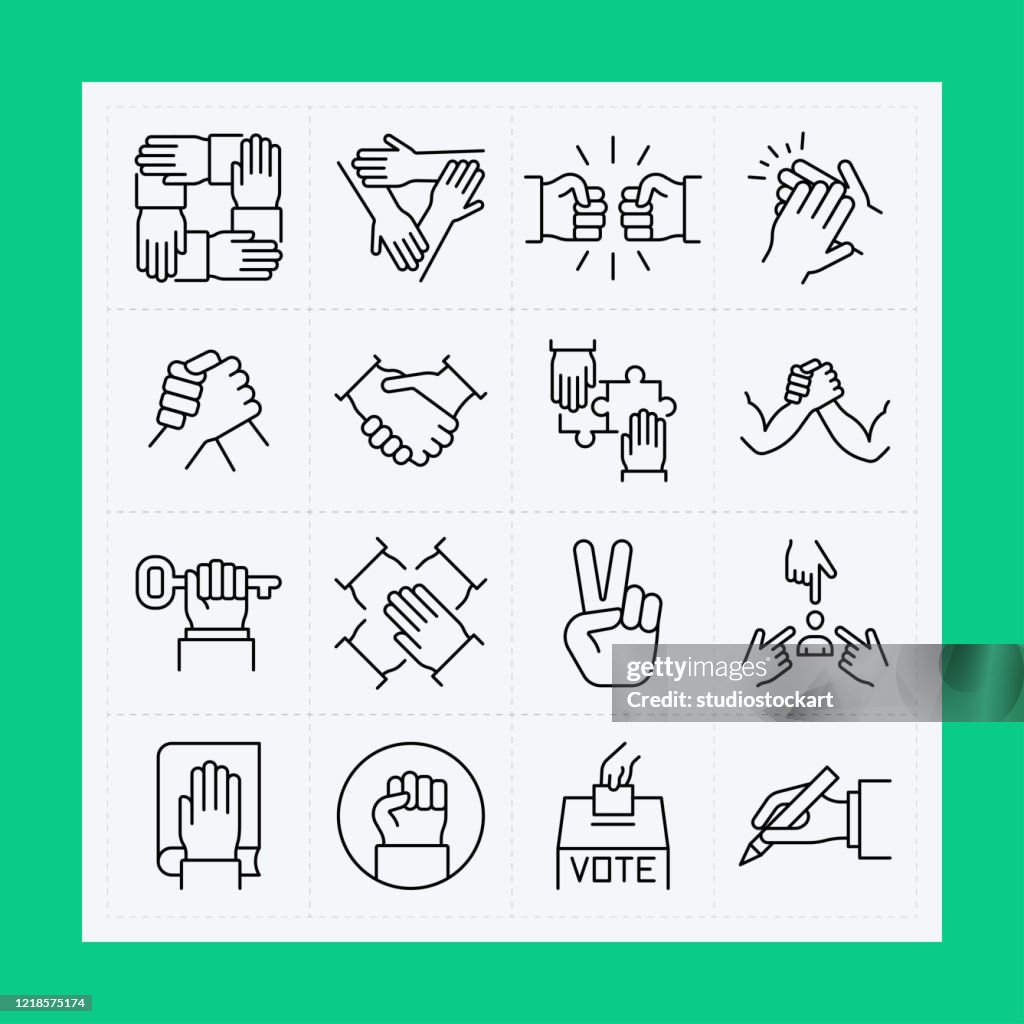 Set di icone della linea della mano. Tratto modificabile