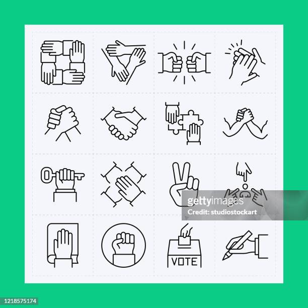 illustrazioni stock, clip art, cartoni animati e icone di tendenza di set di icone della linea della mano. tratto modificabile - società