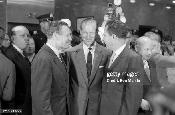 Vice President Richard Nixon, Prince Philip and NY Governor Nelson Rockefeller at the opening of the British Trade Exhibition at the New York...