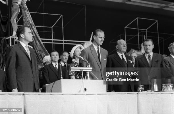 Vice President Richard Nixon, Prince Philip, NY Senator Jacob Javits and NY Governor Nelson Rockefeller at the opening of the British Trade...
