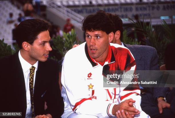 Pier Silvio Berlusconi talks to Marco Van Basten of AC Milan before the Serie A, Italy.