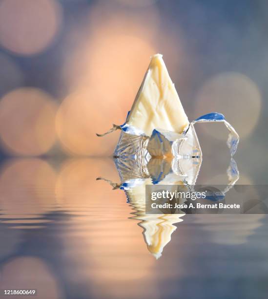 close-up of a piece of cheese in portions on a water surface illuminated by sunlight. - vacuum packed bildbanksfoton och bilder