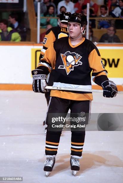 Mark Recchi of the Pittsburgh Penguins skates against the Toronto Maple Leafs during NHL game action on January 17, 1991 at Maple Leaf Gardens in...