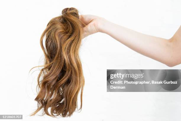 a woman hand holding a cut-off ponytail, a piece of human hair - perücke stock-fotos und bilder