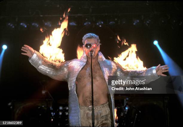 Singer Till Lindemann of the German Neue Deutsche Härte band Rammstein is shown performing on stage during a "live' concert appearance on October 29,...