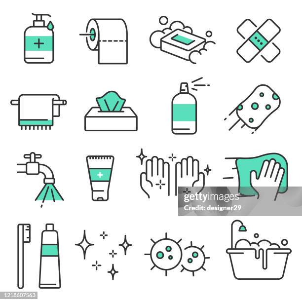 hygiene und reinigung linie icon set vector design. - zahnbürste stock-grafiken, -clipart, -cartoons und -symbole