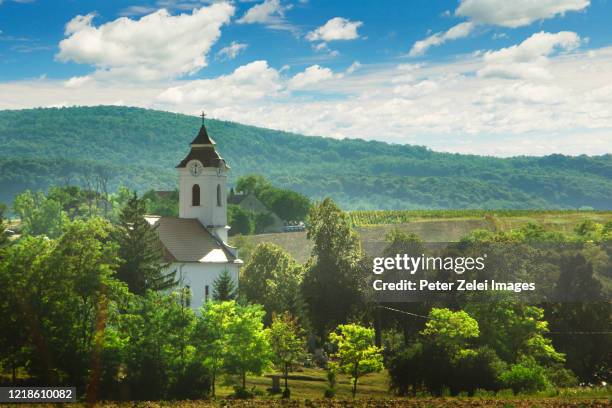 catholic church in a small hungarian village - hongaarse cultuur stockfoto's en -beelden