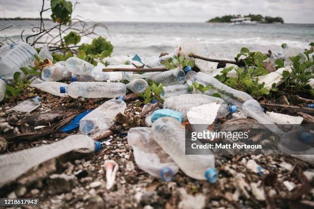 plastic bottle litter on beach - plastic pollution beach stock pictures, royalty-free photos & images